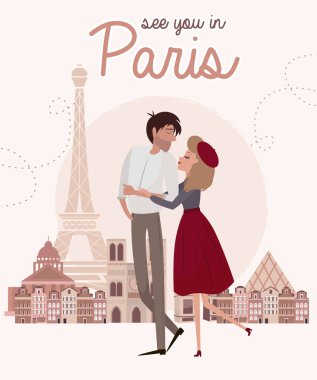 Aşk hikayesi bir aşık çiftle Paris'te. Romantik poster, kart aşk veya davet düğün. Düzenlenebilir vektör çizim
