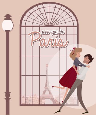 Aşk hikayesi bir aşık çiftle Paris'te. Romantik poster, kart aşk veya davet düğün. Düzenlenebilir vektör çizim