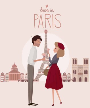 Aşk hikayesi bir aşık çiftle Paris'te. Romantik poster, kart aşk veya davet düğün. Düzenlenebilir vektör çizim