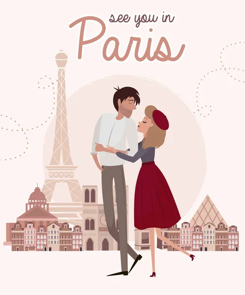 História Amor Paris Com Casal Amantes Cartaz Romântico Amo Você —  Vetores de Stock