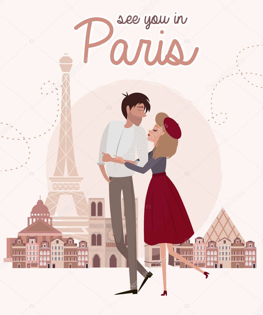 Love story in Paris with a lover couple. Romantic poster, Love you card or wedding invitation. Editable vector illustration