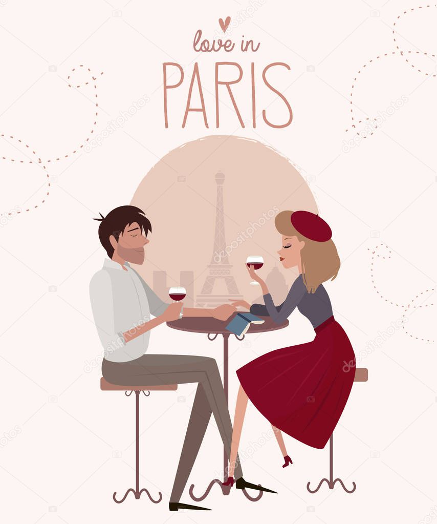 Love story in Paris with a lover couple. Romantic poster, Love you card or wedding invitation. Editable vector illustration