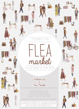 Flea market poster with people selling and shopping at walking street, vintage clothes and accessories shop, cartoon flat design. Editable vector illustration clipart