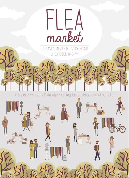 Ψύλλων Αγορά Αφίσα Ανθρώπους Που Πωλούν Και Ψώνια Στο Περπάτημα — Διανυσματικό Αρχείο