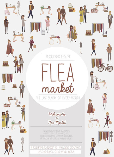 Flea market poster with people selling and shopping at walking street, vintage clothes and accessories shop, cartoon flat design. Editable vector illustration