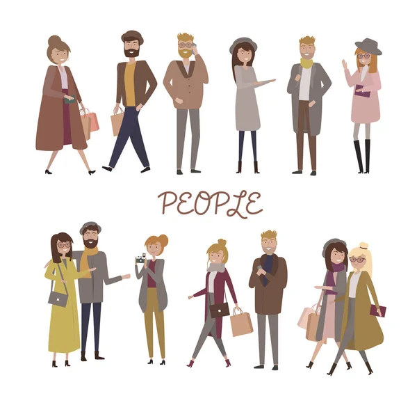 Set People Different Positions Body Walking Shopping Taking Photo Talking — Stock Vector