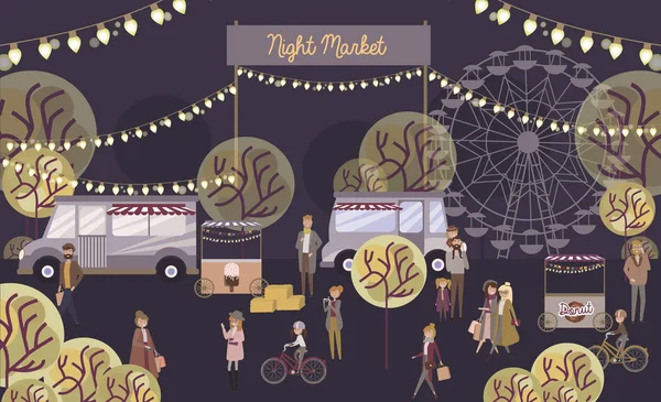 Nachtmarkt Plakat Mit Menschen Die Der Fußgängerzone Verkaufen Und Einkaufen — Stockvektor