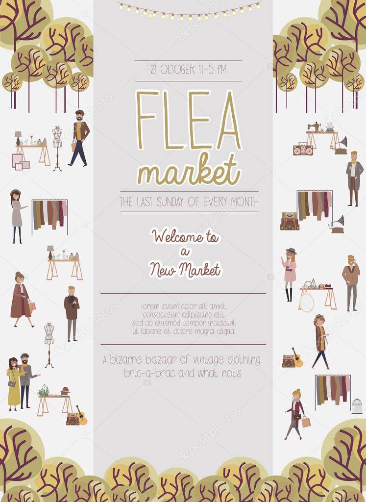 Flea market poster with people selling and shopping at walking street, vintage clothes and accessories shop, cartoon flat design. Editable vector illustration
