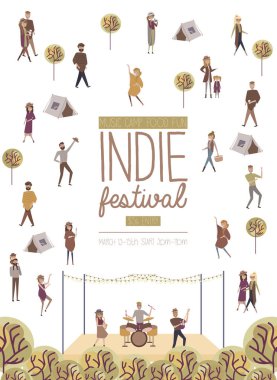 Fotoğrafta, birbirimizi, eğlence ve dans, konuşurken, yemek satın insanlar yürürken, insanlar ile Indie Festivali Afiş, performans, karikatür düz tasarım dikkat et. Düzenlenebilir vektör çizim