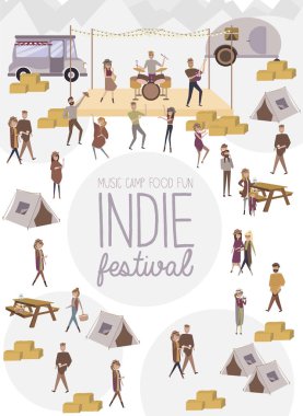 Fotoğrafta, birbirimizi, eğlence ve dans, konuşurken, yemek satın insanlar yürürken, insanlar ile Indie Festivali Afiş, performans, karikatür düz tasarım dikkat et. Düzenlenebilir vektör çizim