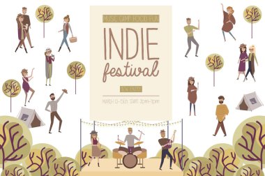 Fotoğrafta, birbirimizi, eğlence ve dans, konuşurken, yemek satın insanlar yürürken, insanlar ile Indie Festivali Afiş, performans, karikatür düz tasarım dikkat et. Düzenlenebilir vektör çizim