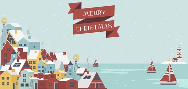 Roztomilé Veselé Vánoční Blahopřání Zimní Krajiny Domy Skandinávském Stylu Upravitelné — Stockový vektor