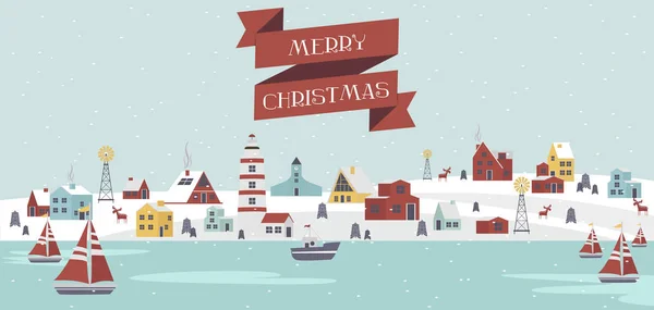 Carino Biglietto Auguri Buon Natale Con Paesaggio Invernale Case Stile — Vettoriale Stock