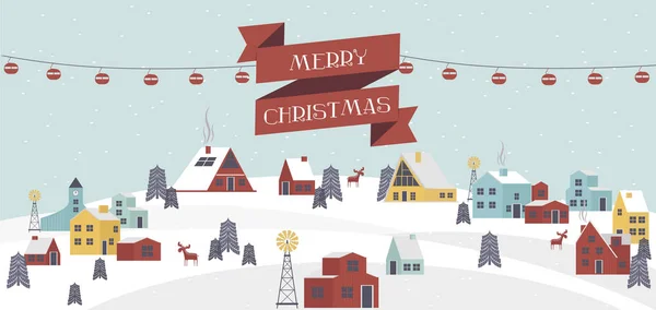 可爱的圣诞贺卡与冬季景观和房子在斯堪的纳维亚风格 可编辑矢量插图 — 图库矢量图片
