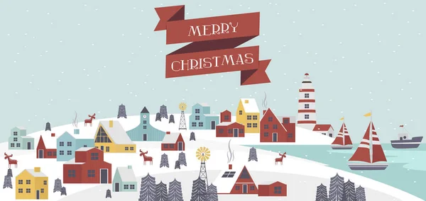 Bonito Cartão Felicitações Feliz Natal Com Paisagem Inverno Casas Estilo —  Vetores de Stock