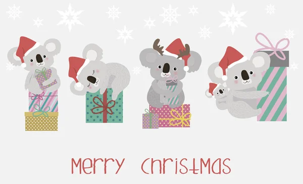 Ορίστε Χαριτωμένο Koala Αρκούδες Και Κουτιά Δώρων Χαρούμενα Χριστούγεννα Εικονογράφηση — Διανυσματικό Αρχείο