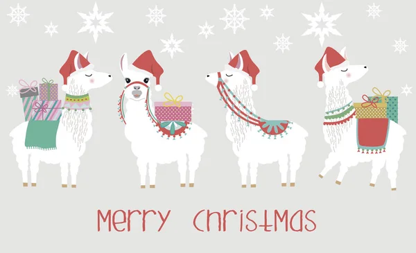 Встановити Милі Лами Подарункові Коробки Веселого Різдва Ілюстрації Можна Редагувати — стоковий вектор