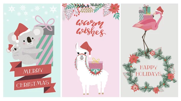 Set Von Niedlichen Weihnachtskarte Mit Koalabär Flamingo Und Lama Editierbare — Stockvektor