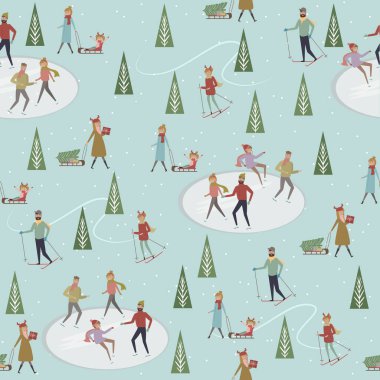 Dikişsiz desen kış sporları dahil ve bir sokakta yürüyen insanlarla. Düzenlenebilir vektör çizim