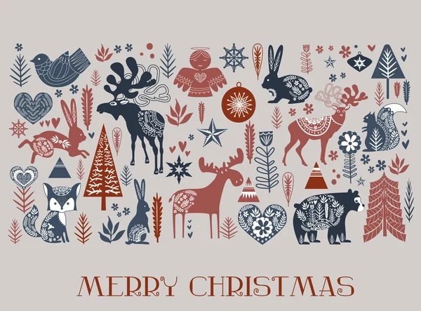 斯堪的纳维亚风格的可爱圣诞图案 可编辑矢量插图 — 图库矢量图片