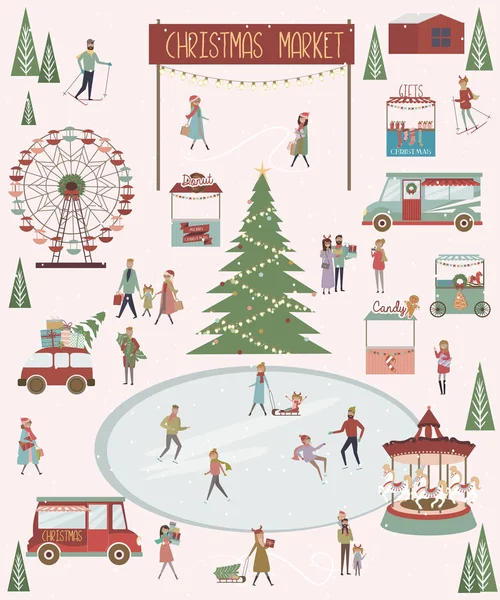 Cartão Felicitações Feliz Natal Bonito Com Paisagem Inverno Mercado Natal —  Vetores de Stock