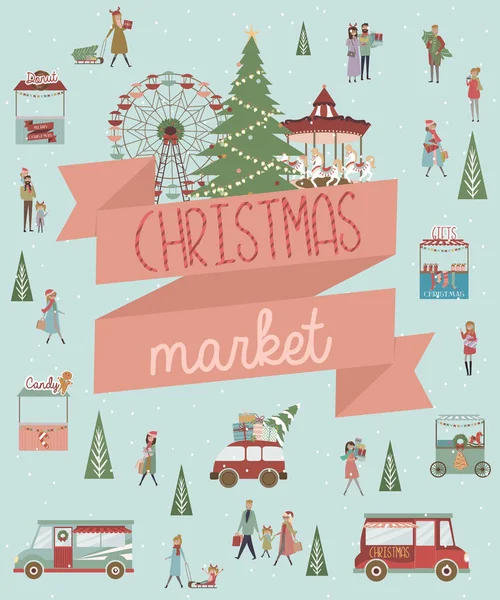 可爱圣诞贺卡与冬季风景 圣诞市场和活跃的人 可编辑的矢量插图 — 图库矢量图片