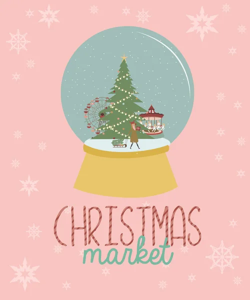 可爱圣诞贺卡与冬季风景 圣诞市场在一个玻璃碗 可编辑的矢量插图 — 图库矢量图片