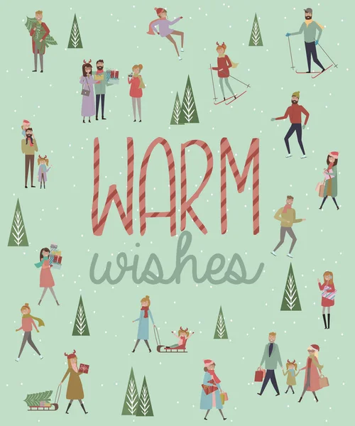 冬の風景とアクティブな人とかわいいクリスマスのグリーティング カード 暖かい願いグリーティング カード 編集可能なベクトル図 — ストックベクタ