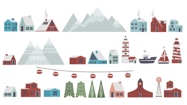 Şirin Mutlu Noeller Öğeleri Ayarlayın Kış Manzarası Skandinav Tarzı Evleri — Stok Vektör