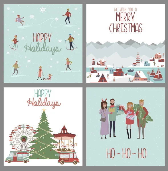 かわいいメリー クリスマス グリーティング カード冬の風景 とのセットは 冬のスポーツ クリスマス マーケット 北欧風の家に関与 編集可能なベクトル図 — ストックベクタ