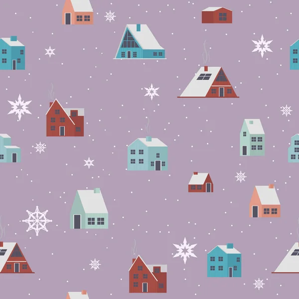 Naadloze Patroon Met Winterlandschap Huizen Scandinavische Stijl Bewerkbare Vectorillustratie — Stockvector