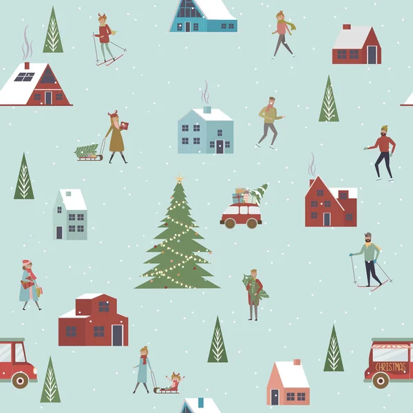 Безшовні Візерунок Зимовим Пейзажем Різдвяний Ринок Пішохідні Людей Можна Редагувати — стоковий вектор
