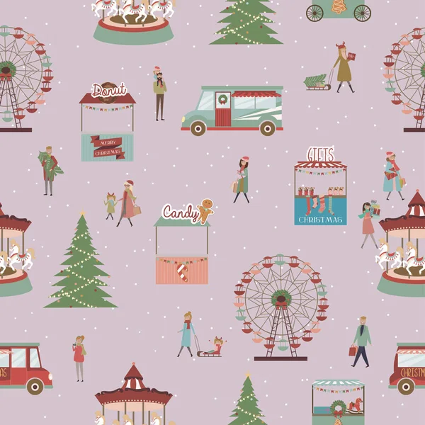 Seamless pattern with winter landscape, Christmas market and walking people. Editable vector illustration