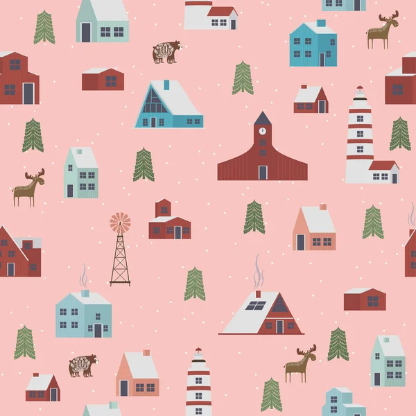 Naadloze Patroon Met Winterlandschap Huizen Scandinavische Stijl Bewerkbare Vectorillustratie — Stockvector