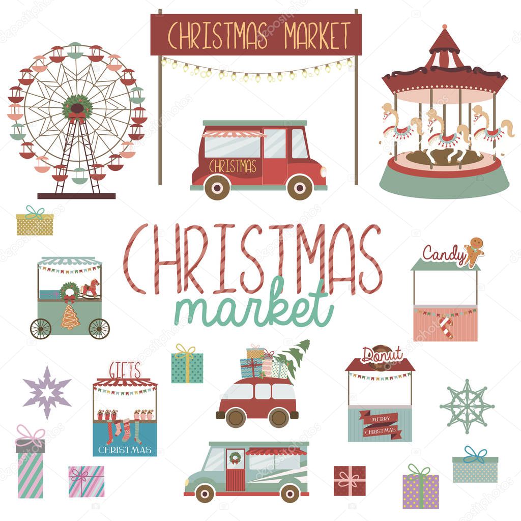 Set of cute elements for  Christmas market. Editable vector illustration