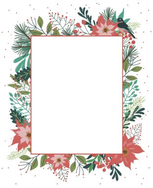 Sezon tebrik kartı. Kış çiçek ile neşeli Noel kartı. Vektör çizim