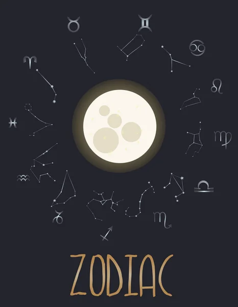 Zodiaque Collection Signes Zodiaque Lune Sur Fond Ciel Sombre Illustration — Image vectorielle