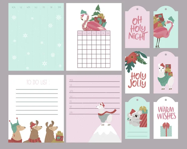 Χαριτωμένο Σετ Χριστουγεννιάτικα Εβδομαδιαίο Planner Και Χρονοδιάγραμμα Αλπακά Φλαμίνγκο Και — Διανυσματικό Αρχείο