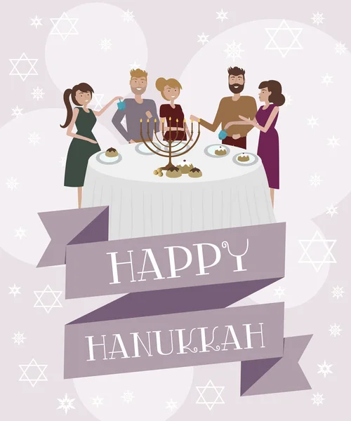 Feliz Saludo Hanukkah Cartel Invitación Con Grupo Personas Celebrando Mesa — Vector de stock