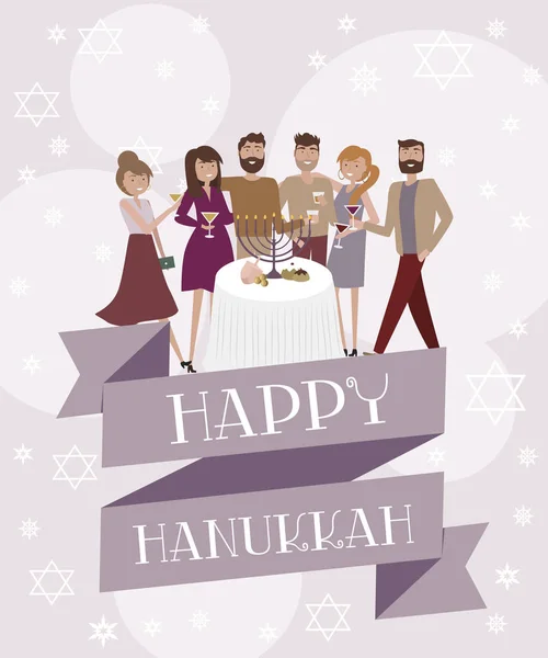 Feliz Saludo Hanukkah Cartel Invitación Con Grupo Personas Celebrando Mesa — Vector de stock
