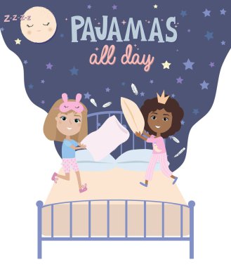 Pijama partisi poster ile eğlenceli kızlar. Pijama partisi için davetiye. Düzenlenebilir vektör çizim