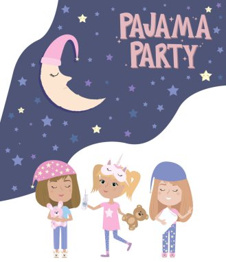 Pijama partisi poster ile eğlenceli kızlar. Pijama partisi için davetiye. Düzenlenebilir vektör çizim