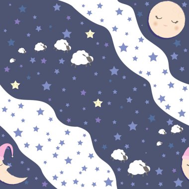Şirin seamless modeli gece gökyüzünde, yıldızlar, kuzu ve ay. Pijama partisi arka plan. Düzenlenebilir vektör çizim