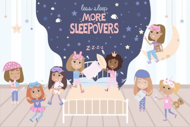 Pijama partisi poster ile eğlenceli kızlar. Pijama partisi için davetiye. Düzenlenebilir vektör çizim