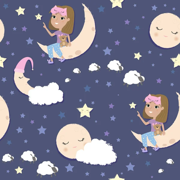Roztomilý Vzor Bezešvé Noční Oblohy Hvězd Dívka Měsíci Pyžamový Večírek — Stockový vektor