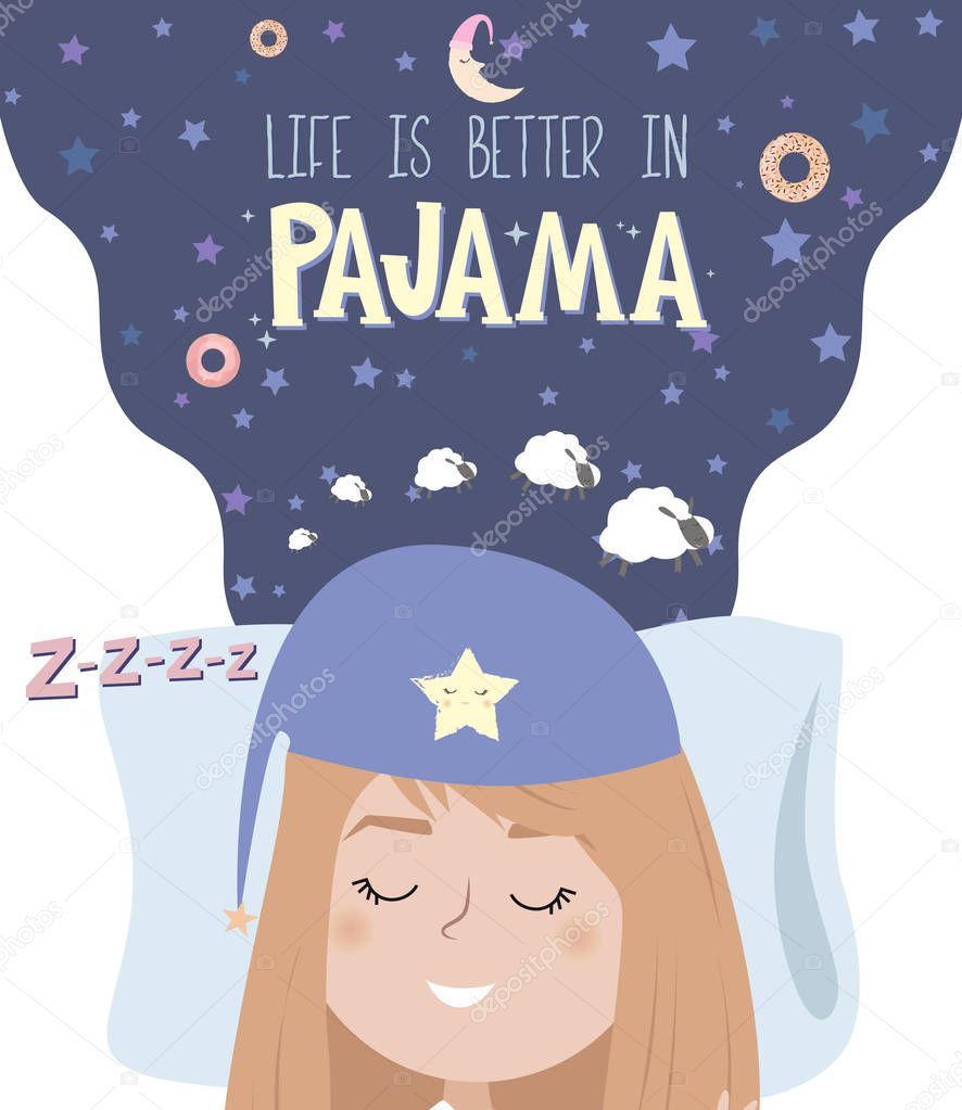 Pajama party poster with fun girl. Invitation for slumber party. Editable vector illustration