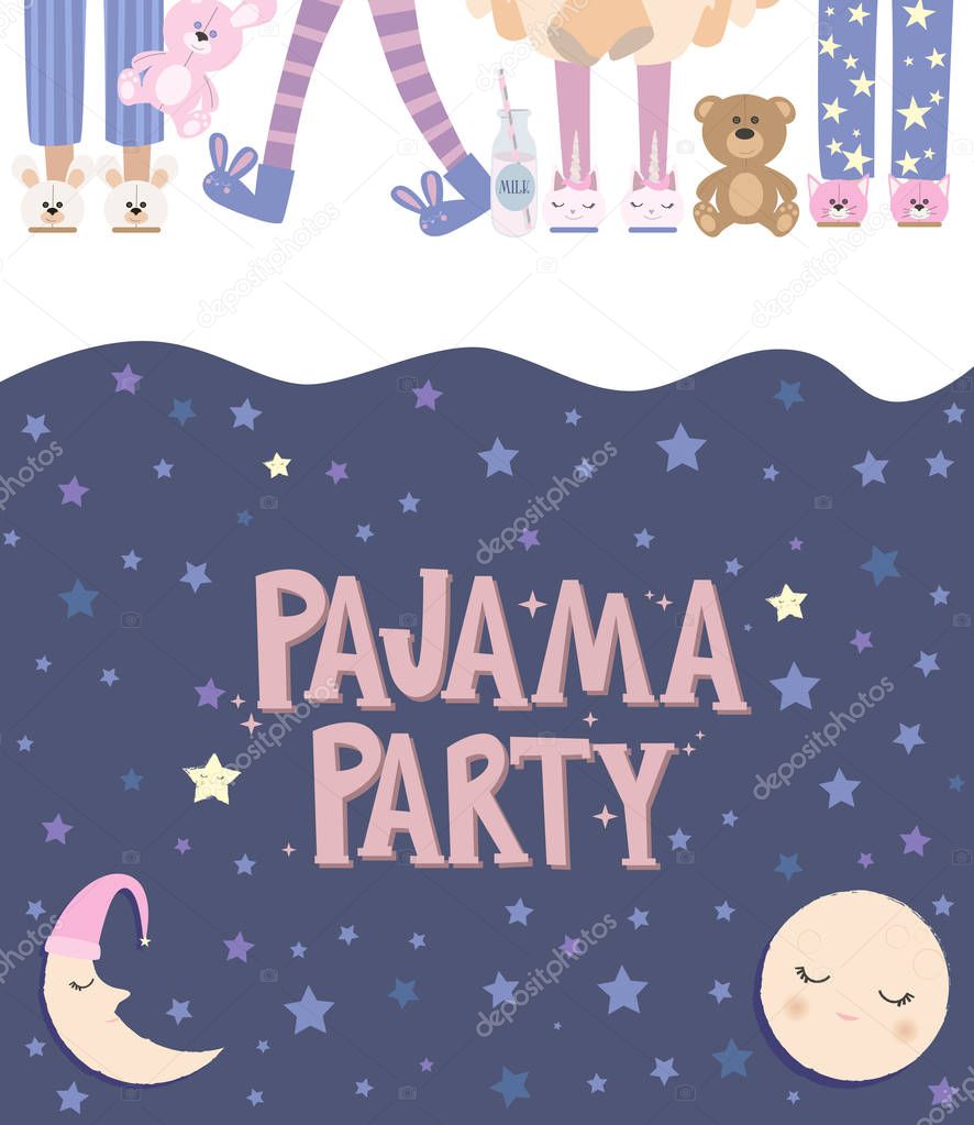 Pajama party poster with fun girls. Invitation for slumber party. Editable vector illustration