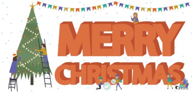 Neşeli Noel afiş, büyük bir metin ve küçük insanlar, çocuklar, gençler ve kadınlar, kış sahne süslemeleri Noel ağacı, snowboard, halletme, buz pateni, Kayak. Vektör çizim 