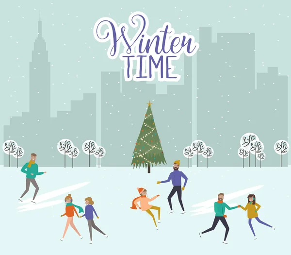 圣诞快乐 新年快乐模板与人们溜冰 冬季城市场景 可编辑的矢量插图 — 图库矢量图片