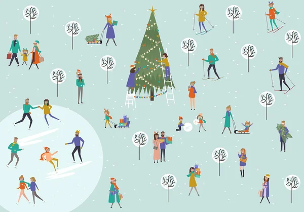クリスマスと新年あけましておめでとうございますの人々 テンプレートは アイス スケート スキー スノーボード クリスマス ツリーを飾る ベクトル図 — ストックベクタ